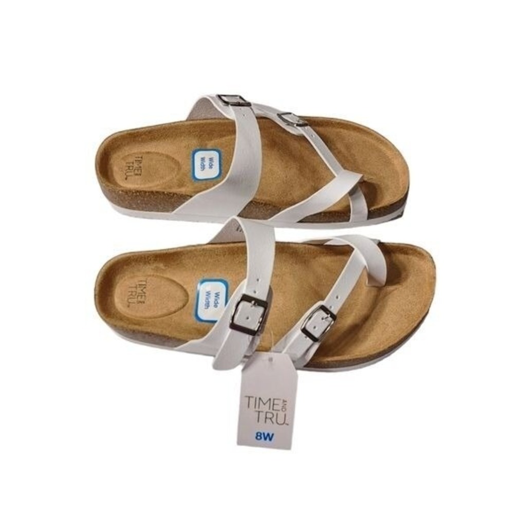Time and Tru White Sandals Women's 8 Wide Width Cork‎ Footbed Buckle Comfort
